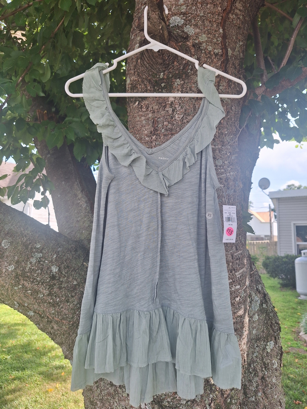 American Eagle Outfitters Sage Green Ruffle V-Neck Sleeveless Tunic